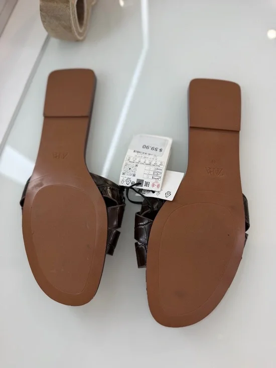 Zara Brown & White Cow-Print Slide Sandals with Gold Logo - Picture 3 of 4